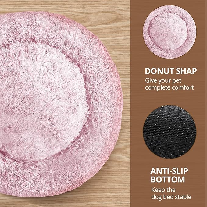 JOLLYVOGUE Calming Dog Bed Medium Size Dog, 31in Donut Washable Medium Pet Bed, Anti-Slip & Anti-Anxiety Fluffy Faux Fur Round Dogs Bed, Fits up to 45 lbs Pets (Smoke Pink)