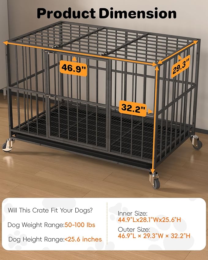 48 in Heavy Duty Dog Crate for Large Dogs, Dog Kennel Indoor with Removable Tray and Lockable Wheels, Easy to Clean, XL Dog Cage for Large and Medium Dogs