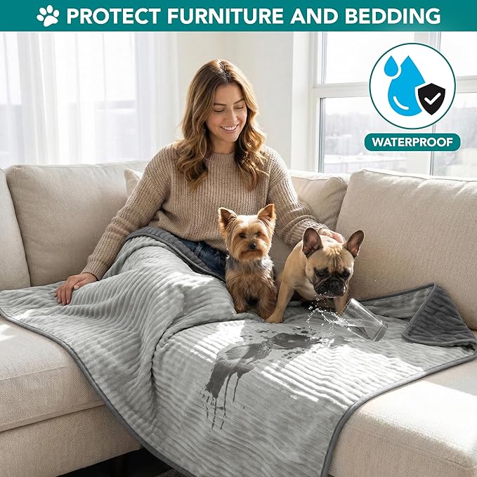 PetAmi Waterproof Dog Blanket, Leakproof Pet Blanket for Small Medium Large Dog, Reversible Furniture Bed Sofa Couch Cover Protector, Soft Striped Pet Throw for Indoor Cat, 29x40 in, Grey Light Gray