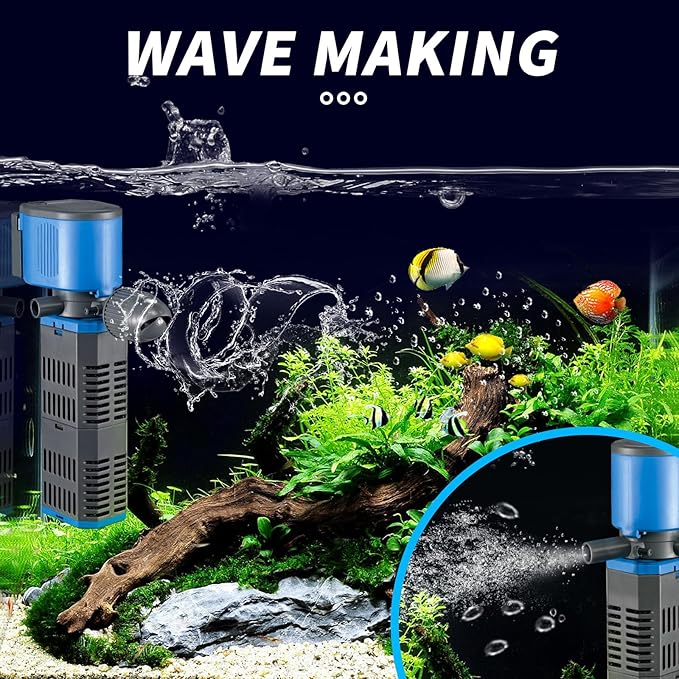 Aquarium Filter for 40-150 Gal, 4 in 1 Silent Submersible Aquarium Filter Biochemical Filtration 475 GPH Powerful Water Pump Wavemaker