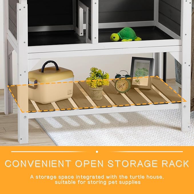 Wooden Tortoise Habitat with Shelf Storage and Adjustable Lamp Holder,Indoor Outdoor Reptile Cage Turtle Enclosure for Small Animals