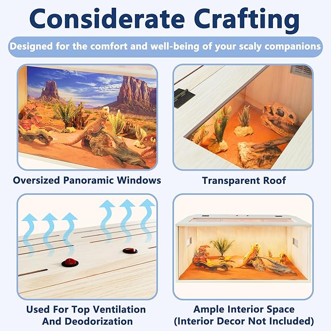 PROLEE Bearded Dragon Tank,Wooden Reptile Tank and Lizard Tank,Tempered Glass Large Bearded Dragon Enclosure with Built-in Lamp Fixture (32X16X16inch,34 Gallons)
