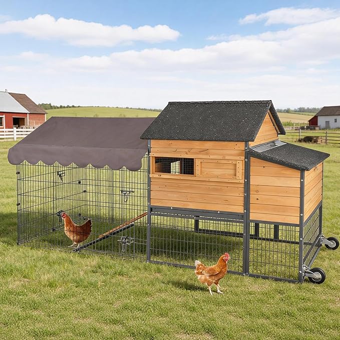 Large Chicken Coop with Run, Wooden Chicken House with Wheels, Hen Poultry Cage with All-Around Iron Frame for 6-8 Chickens, Chicken Tractor with Nesting Boxes and Metal Sliding Tray