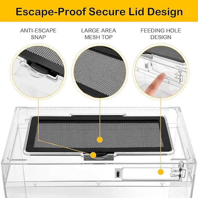 HELIME Reptile Polycarbonate Terrarium Kit 7 Piece Starter Habitat for Tarantula,Lizards,Frogs,Geckos,or Hermit Crabs,Tank with Escape-Proof Locking Lid,Light,Hygrometer,Hide,Tweezer,Bowl,Sprayer