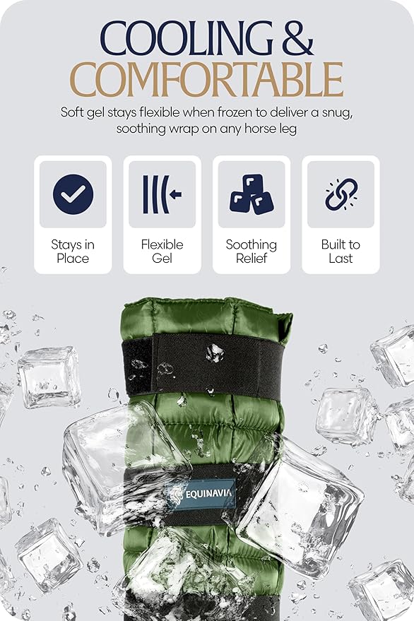 Equinavia Cool Relief Therapy Ice Boots Leg Wraps Pair for Horses, Gel Pack with Adjustable Straps | 16.5" x 15.5" with Storage Bag - Green - Pair - One Size