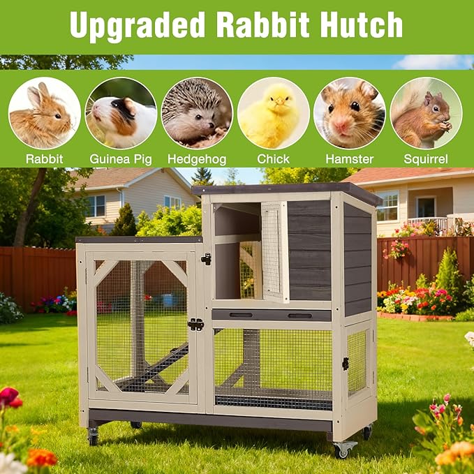 Guinea Pig Cages Indoor/Outdoor, Wooden Rabbit Hutch with Wheels, Large Rabbit House with 2-Story, Bunny Cage with Chew-Proof Ramp and Leap-Proof Trays, Waterproof Small Animals Habitat (Brown)