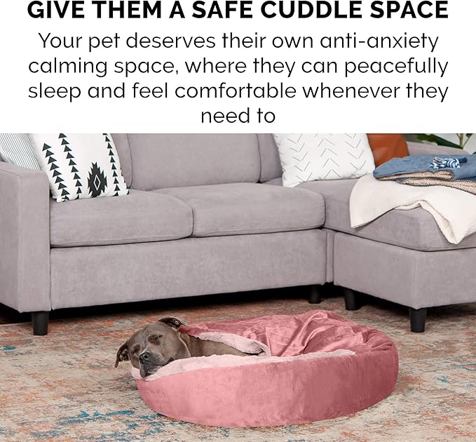 Furhaven 27" Round Calming Donut Dog Bed for Medium/Small Dogs, Washable, For Dogs Up to 45 lbs - Plush Velvet Waves Hooded Donut Bed - Rose Pink, Medium