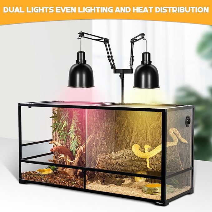 Enhon Reptile Heat Lamp Stand, Dual Reptile Light Stand with Two Flexible Brackets, Adjustable Heat Lamp Stand (15.7-74.3inch) with 360° Swing Arm and Anti tip Clip for Bearded Dragon Turtles Snake