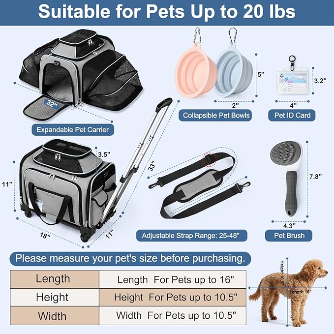 Airline Approved Pet Carrier with Wheels, Top & Side Expandable Soft-Sided Bag, 18x11x11 inches Fits Under Seat for Small Dogs Cats, Double-Sided Mat & ID Card for Travel Vet Visits Camping