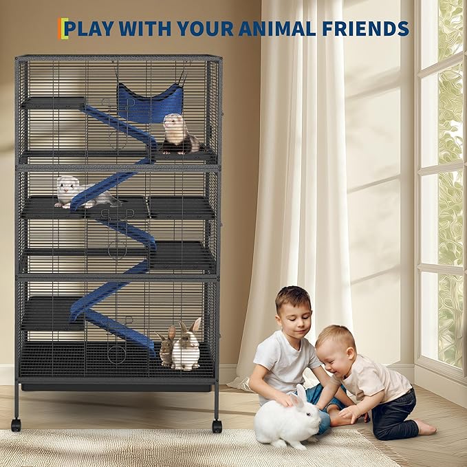 50" Large Ferret Cage, Small Animal Habitat with 5 Ramps, Hammock & Wheels, Spacious Multi-Level Design for Chinchillas, Rabbits, Sugar Gliders