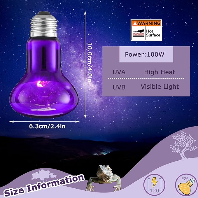 75W Reptile Night Light Bulb – Purple Basking Spot Lamp with Simulated Moonlight for Lizards, Chameleons, Snakes, Turtles, Amphibians – UVA Heat Light – 2 Pack | 3.2"