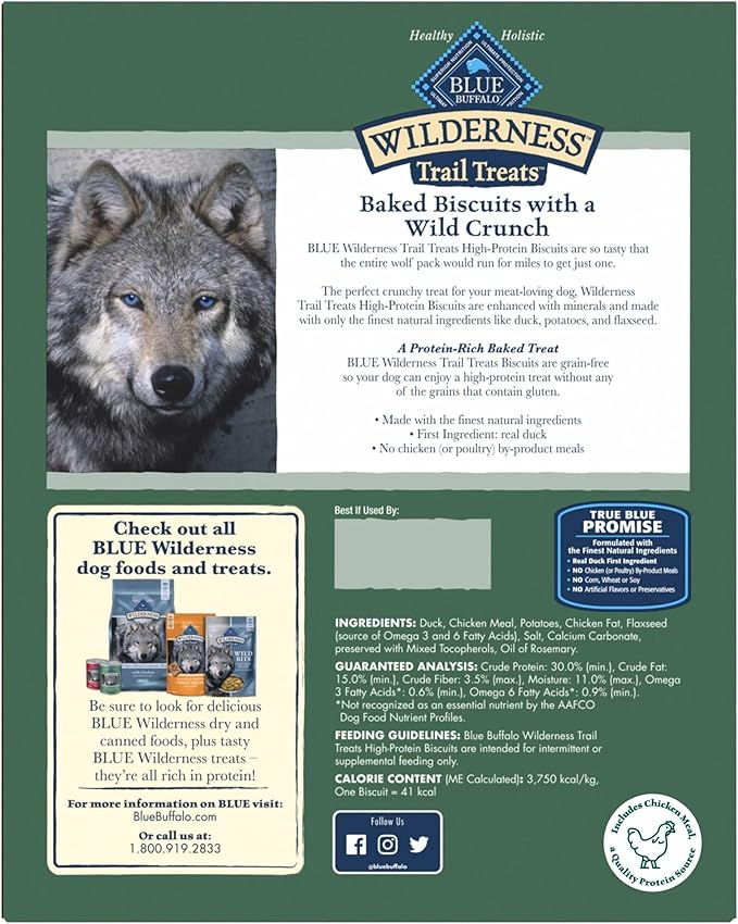 Blue Buffalo Wilderness Trail Treats High Protein Grain Free Dog Biscuits Crunchy Dog Treats, Duck Recipe, 36-oz Box, (Pack of 3)