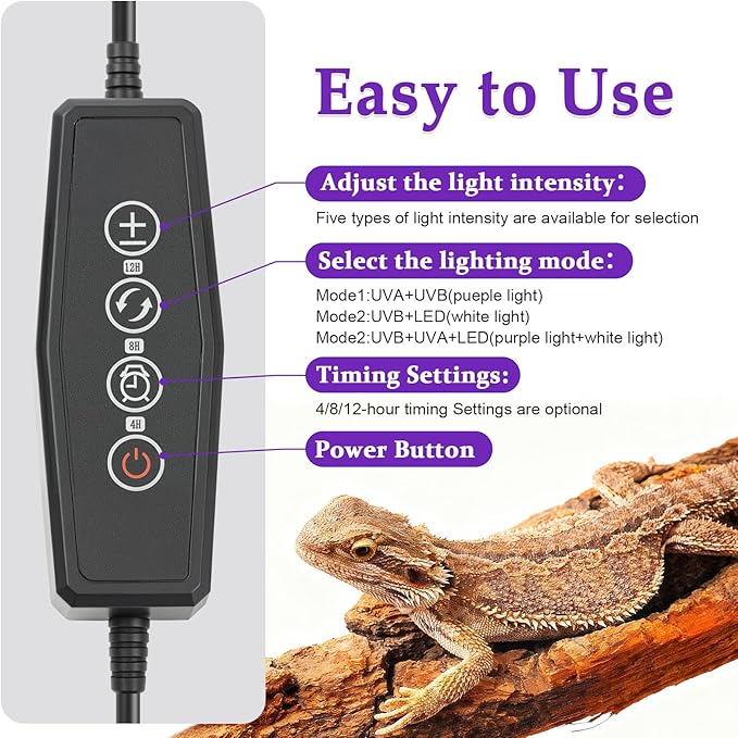 Dimmable UVB Light for Reptiles, 3 Modes Lighting, Adjustable 4, 8, 12 Hour Cycles, 12W LED UVA UVB Reptile Lamp for Bearded Dragon, Turtles, Snake and Lizard
