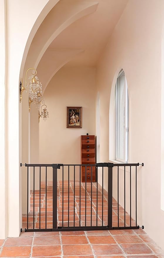 55.98"-58.15" Baby and Pet Safety Gate, 30" Tall Metal Walk-Thru Gate for Doorways & Stairs, Easy One-Hand Open, Dual Lock, Extensions & Wall Mounts Included (Brown, 29"-57" W x 30.5“H)