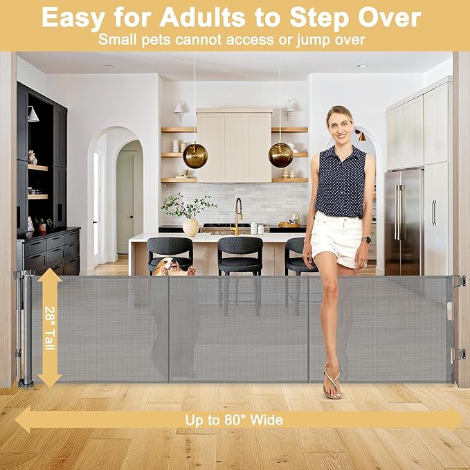 28 Inch Tall Retractable Baby Gates, 80" Wide Reinforced Retractable Dog Gate with Support Rods, Walk Through Pet Gate, Short Dog Gate Retractable Pet Gate, Mesh Baby Gate for Stairs, Doorways, Gray