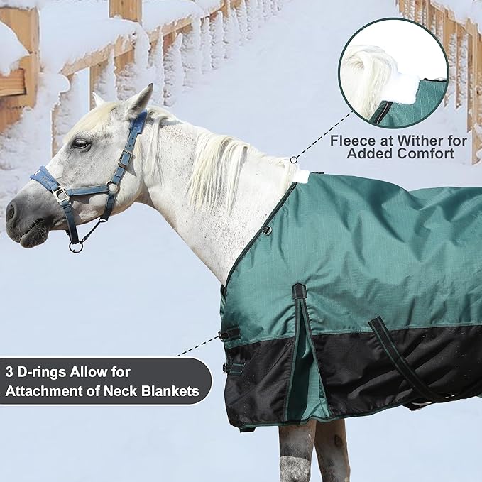 1200D Ripstop Waterproof Breathable Horse Blanket (200g Fill), Medium Weight Warm Winter Turnout, Thermal Protection for Cold & Snow Greenblack 84"