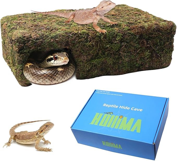 Mossy Cave Hide for Reptiles, Yellow Color Lizard Moss Hideout with Safe Shelter, Snake Cave Hut for Themed Terrarium Ideal for Gecko Hamster Snake to Rest & Hide