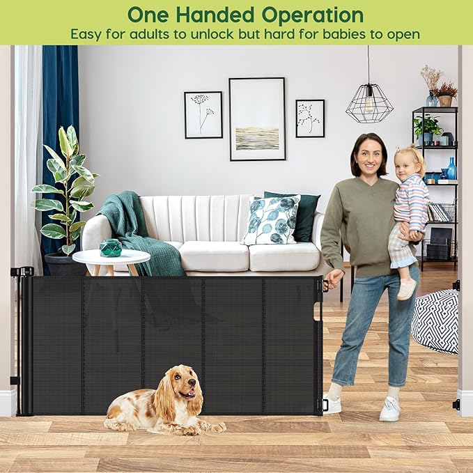 Reinforced 80 Inch Retractable Baby Gate Extra Wide Baby Gate for Wide Openings, Indoor/Outdoor Retractable Dog Gate for Doorway, Mesh Dog Gate Indoor Prevent Babies/Pets from Crawling Under, Black