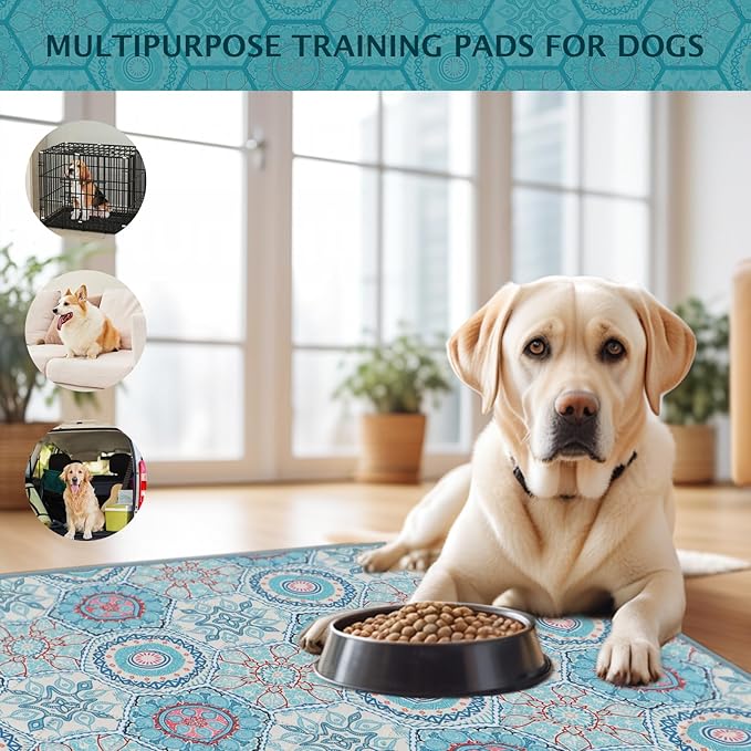 IEUUMLER Washable Pee Pads for Dogs, 2 Pack Non-Slip & Waterproof Pack Whelping Pad, Reusable Washable Puppy Potty Training Pad with Fast Absorbent for Playpen EU007 (Green Medallion, 36"X24"-2pcs)