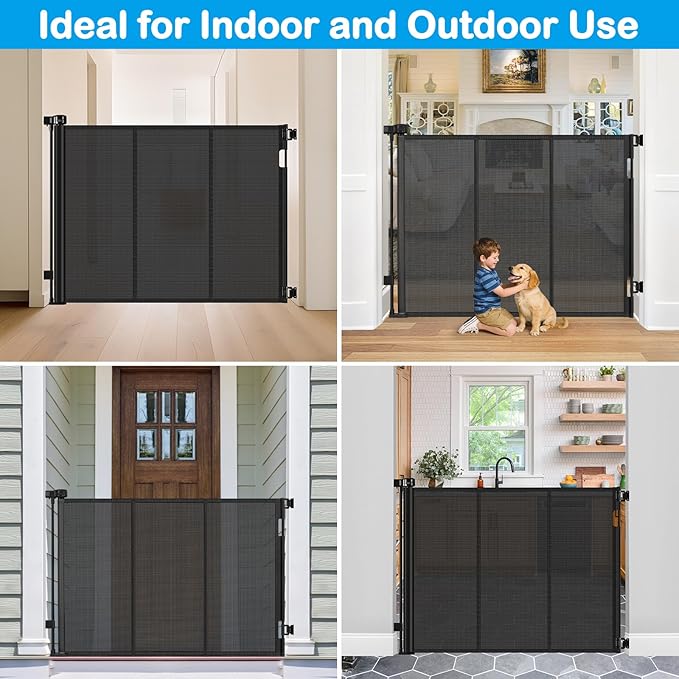 Reinforced 42" Tall X 80" Wide Retractable Dog Gate for Hallway Extra Tall Baby Gates for Dogs Indoor High Reinforced Bar Retractable Baby Gates for Doorways Extra Wide Pet Gate Outdoor, Black