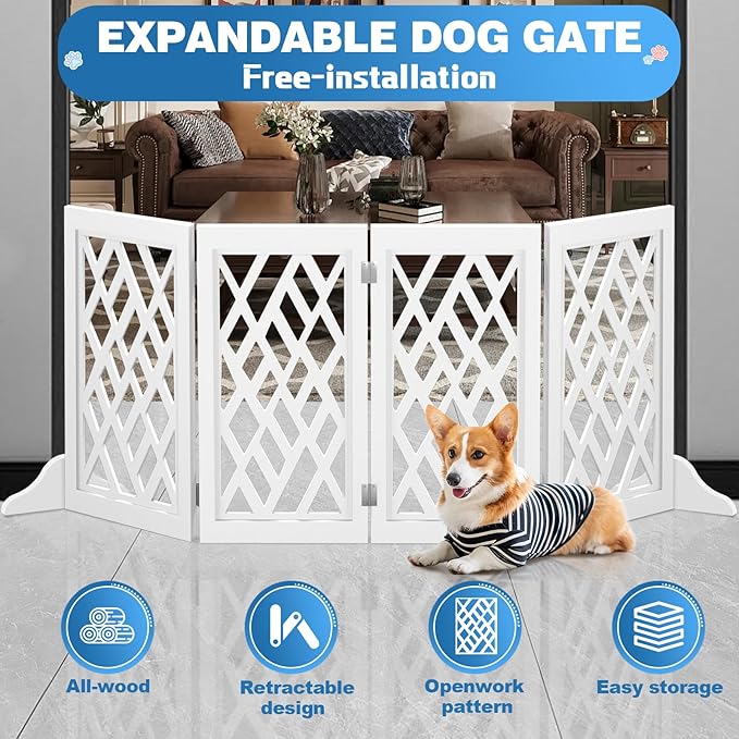 Cut-Out Design 23" Dog Gate Retractable Stair Gate Foldable Puppy Gate Indoor - Freestanding Lightweight Pet Barrier for Doorways, Stairs, Hallways (Extends to 41", White)