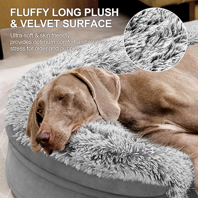iweepet 3.7 inch Thickened Orthopedic Dog Beds for Large Dogs, Fluffy Supportive Dog Sofa Bed with 28D Egg-Crate Foam, Removable Washable Plush Cover, Waterproof Lining, Cozy Oval Design, Grey