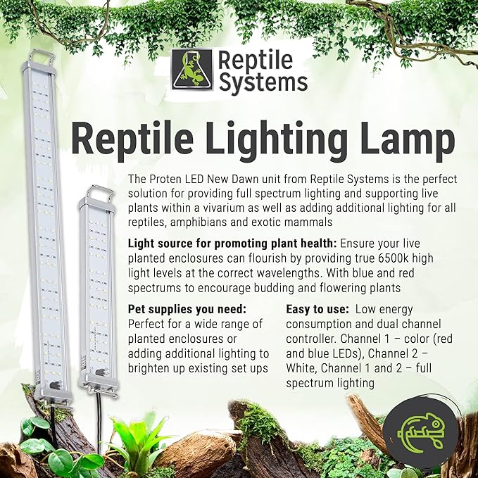 Reptile Systems New Dawn LED ProTen Fixture – Full Spectrum 10-18in 7w Lighting with Integrated Cooling – for Terrariums & Vivariums – Highlights Natural Behavior & Color