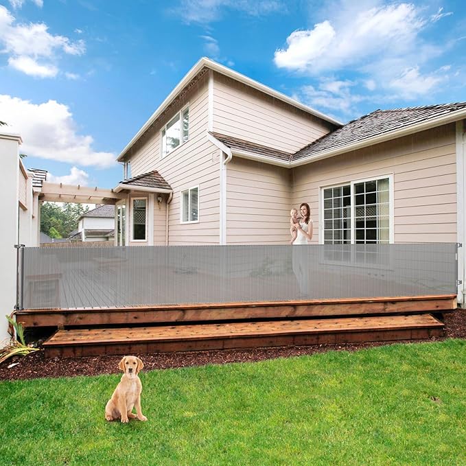 195 Inch Retractable Baby Gates Extra Wide Dog Gate for Large Openings 33" Tall Extra Large Retractable Dog Gates for The House Indoor/Outdoor Child Gate Mesh Pet Gates for Dogs Garage Deck Gate, Grey