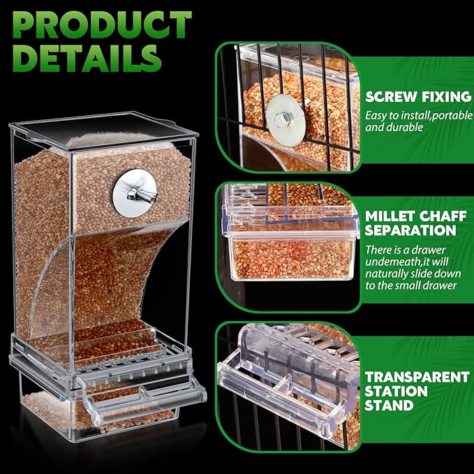 Yaomiao 4 Pcs No Mess Small Bird Feeders Automatic Parakeet Water Dispenser Clear Quail Feeder and Watered Cage Accessories for Small and Medium Parakeet Cockatiel Canary(Seed Feeder,Transparent)