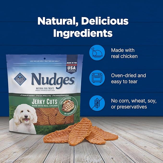 Blue Buffalo Nudges Jerky Bites Dog Treats, Made in the USA with Natural Ingredients, Bite-Sized Pieces, Chicken, 16-oz Bag, (Pack of 4)