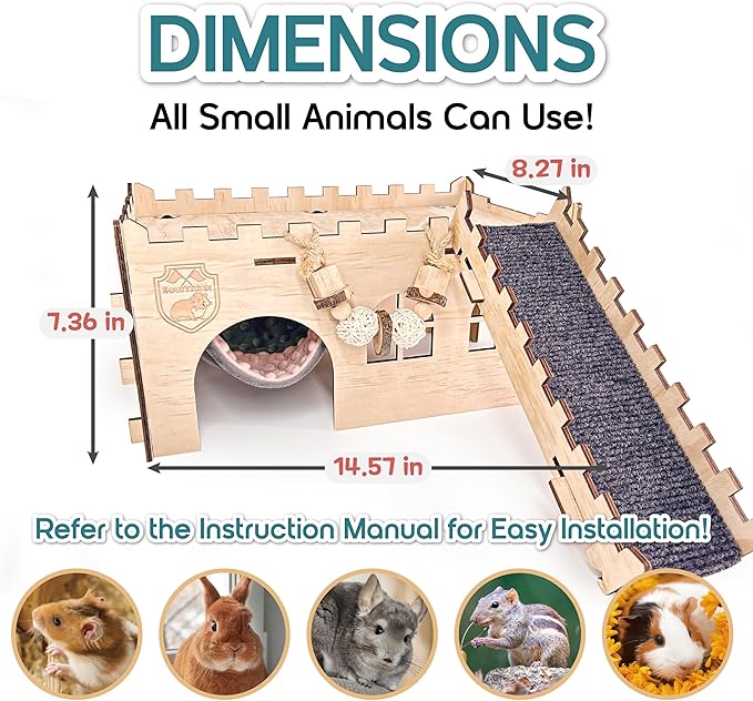 SoulThink® Large Guinea Pig Hideout & House - Easy to Assemble Wooden Guinea Pig Castle with Hammock, Ramp and Toys Accessories Habitat Suitable for Hamsters and Chinchilla