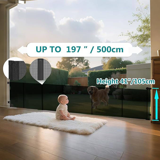 200 Inch Extra Wide Retractable Baby Gate,Mesh Baby Gate or Mesh Dog Gate,34" Tall,Child Safety Gate for Doorways, Stairs, Hallways, Indoor or Outdoor