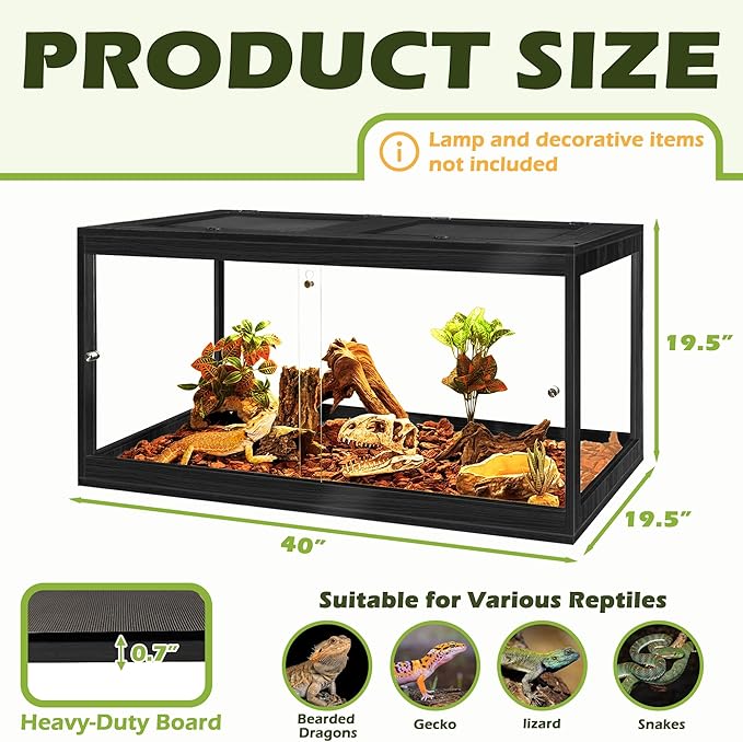 PROLEE Reptile Tank, 65 Gallon Beard Dragon Tank, Tempered Glass Reptile Encloure and Snake Tank with Locking Design for Lizard,Gecko,Chameleon (40"X19.5"X19.5",Black)