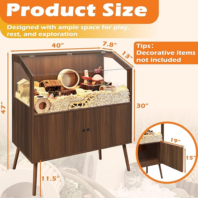 PROLEE Hamster Cage with Storage Cabinet,Large Hamster Encloure Chew Proof Wood,Clear View Hamster Habitat for Guinea Pig, Ferret, Rat, Hedgehog，47“ X 40” X 20“ (Walnut)