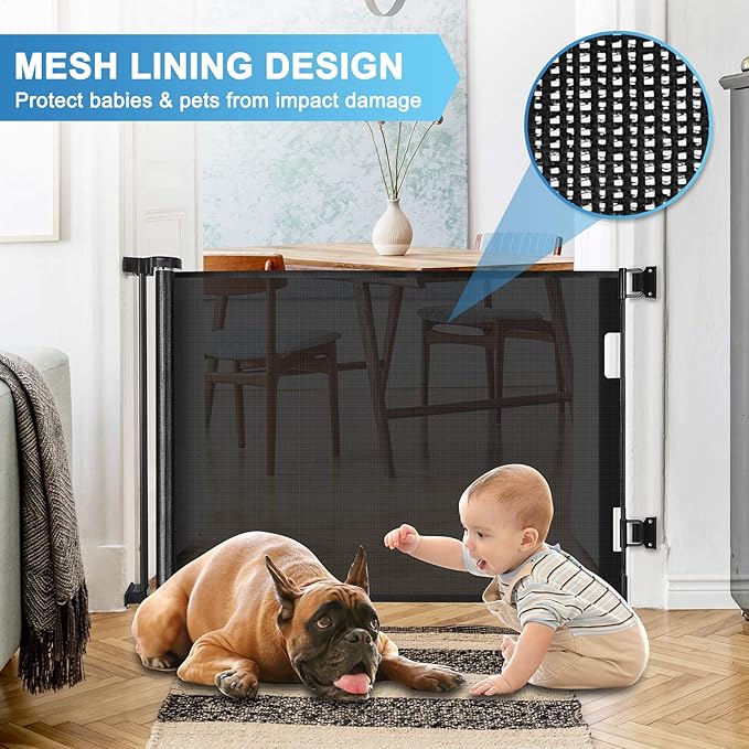 Retractable Baby Gates for Doorways 55" Wide Retractable Dog Gate for Stairs, Mesh Dog Gates for The House, Retractable Gate Outdoor Baby Gates for Decks, Child Gate for Stairs, Black