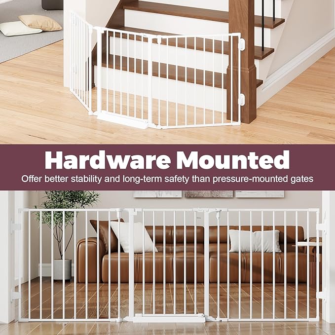 78" Extra Wide Baby Gate, Dog Gates Indoor for Doorways Stairs, Essential Safety Gate for Child, Hardware Mounted Adjustable Pet Gate with Anti-Trip Pedal, 28'' Tall 3 Metal Panels White