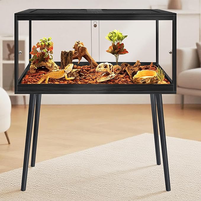Prolee Bearded Dragon Tank with Leg Stand,Wooden Lizard Tank,Reptile Tank with Metal Mesh Roof Door, Acrylic Panel Snake Tank with Lock Design (Black, 40"x20"x20")