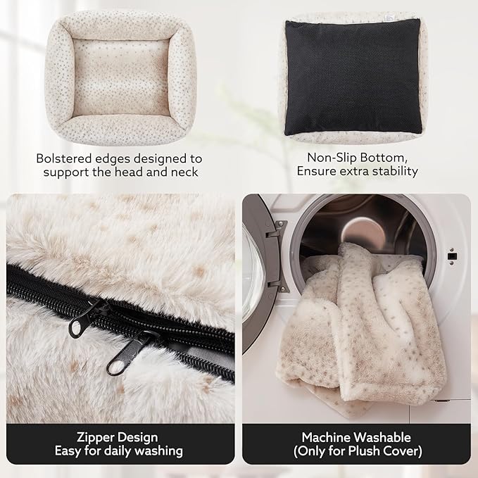 JOEJOY Large Dog Beds Large Sized Dog, Removable Washable Cover Orthopedic Soft Faux Rabbit Fur Pet Bed, Anti-Slip Fluffy Plush Faux Rabbit Fur Puppy Bed, 36"x27"x8", Leopard Print, Beige