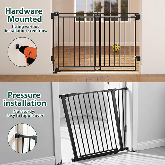 Miumoon 29-45" No Bottom Bar Baby Gate for Stairs, 2-in-1 Auto Close Dog Gate Indoor with Large Walk Thru Door, Hardware Mount Pet Gate for Top and Bottom Stairs (Black, 26.5-43" W x 29" H)