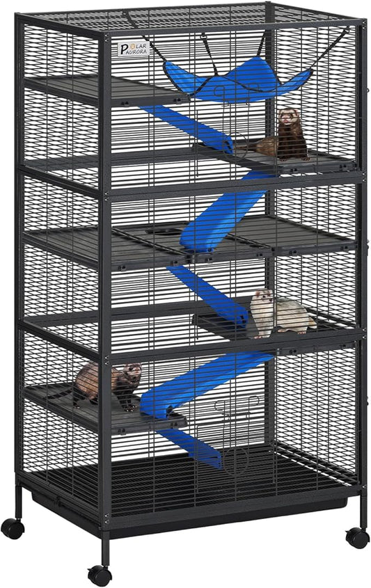 Polar Aurora Metal Small Animal Cage, 59" H Ferret Cage with Lockable Wheels, Deluxe Chinchilla Cages with Hammock and Removable Tray, 6 Tiers Animal Cages for Pets