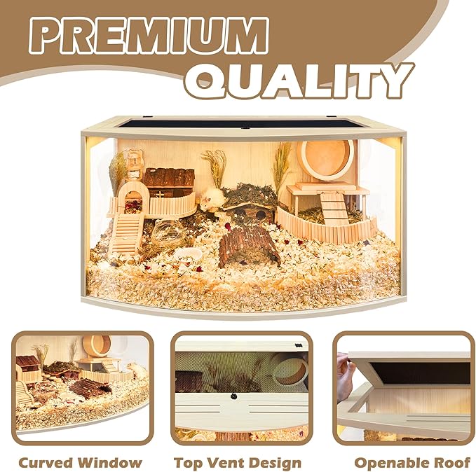 Prolee Hamster Cage Chew Proof Wood, Hamsters Enclosure Openable Top with Curved Design,Waterproof Small Animals Cage with Acrylic Sheets for Gerbils,Hamster Habitat(24 Inches)