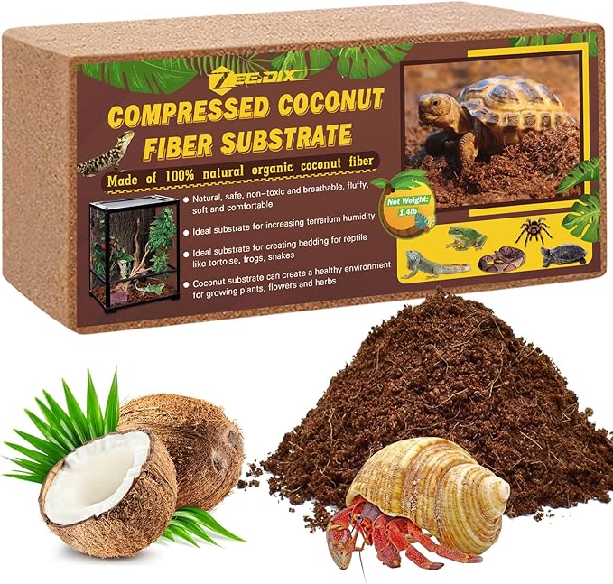 ZeeDix 1 Pack Coconut Fiber Substrate, 100% Organic Coconut Husk Coco Coir Brick Terrarium Bedding for Reptiles, Tortoise, Bearded Dragon, Leopard Gecko, Snake, Hermit Crabs, Frogs, Tarantula
