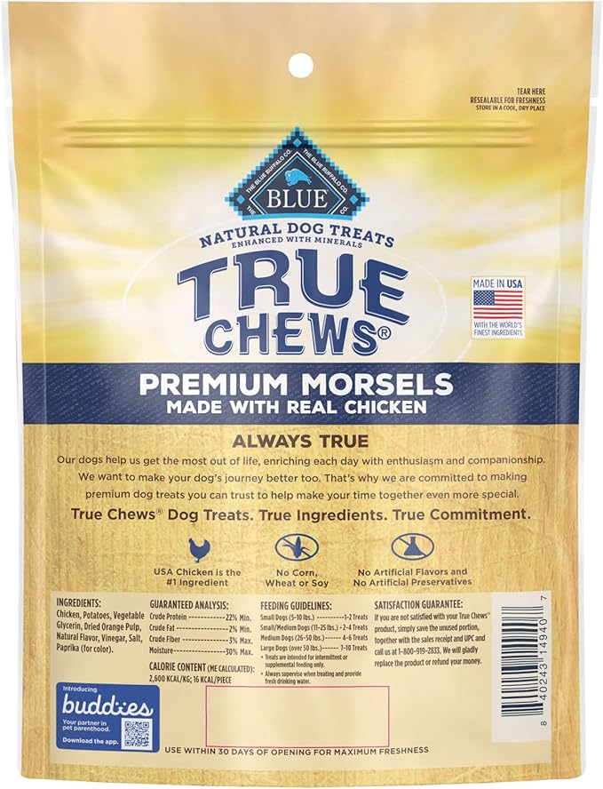 Blue Buffalo True Chews Premium Morsels Natural Dog Treats, Chicken 11 oz Bag 1 Count (Pack of 6)