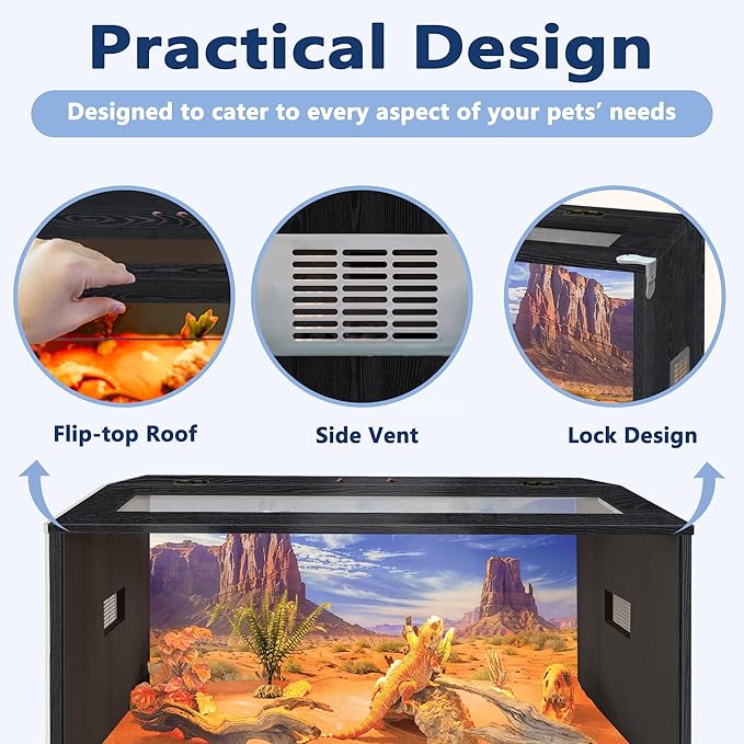 Prolee 36 Gallon Reptile Tank, Tempered Glass Bearded Dragon Tank with Wooden Roof and Lockable Doors, Large Lizard Habitat with Built-in Lamp Fixture for Snakes, Iguanas, Chameleons (Black)