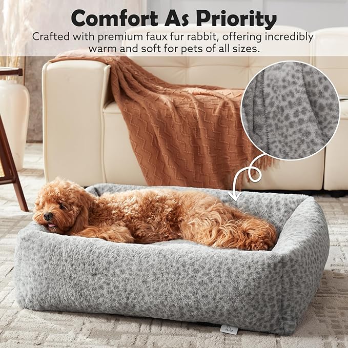 JOEJOY Large Dog Beds Large Sized Dog, Removable Washable Cover Orthopedic Soft Faux Rabbit Fur Pet Bed, Anti-Slip Fluffy Plush Faux Rabbit Fur Puppy Bed, 36"x27"x8", Leopard Print, Grey