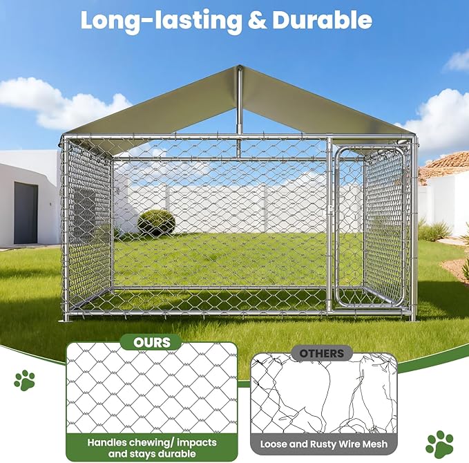 8.3x8.3 FT Heavy-Duty Outdoor Dog Kennel with Waterproof Cover, UV-Resistant Roof, Secure Locking Mechanism for Large Dogs, Metal Enclosure for All Weather Conditions（100x100x85IN）