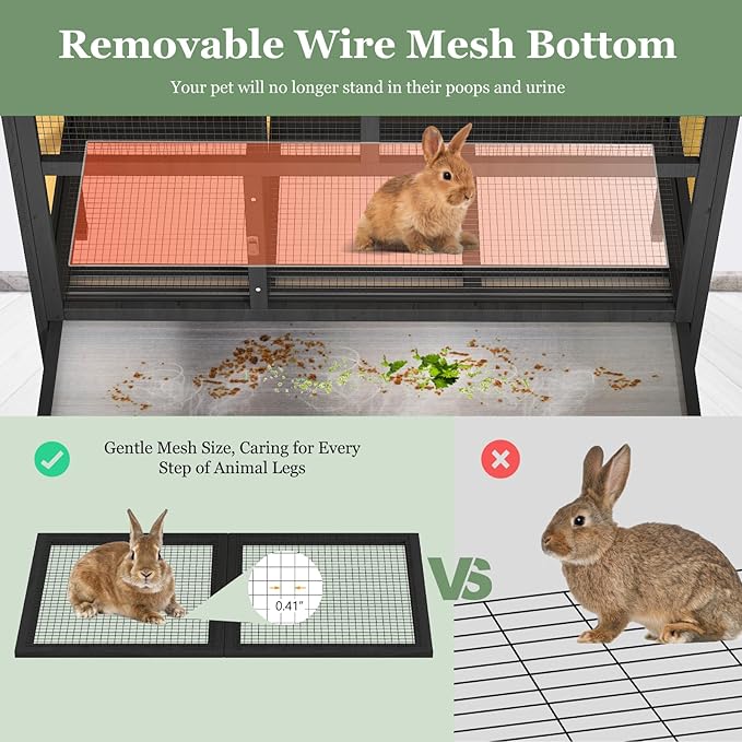 TIMHAKA 46.7" Rabbit Cage Elevated Bunny Cage Indoor, Outdoor Rabbit Hutch Hamster Cages for Small Animals, Wooden Guinea Pig Cages with Removable Tray & Waterproof Asphalt Roof & Bottom Wire Mesh