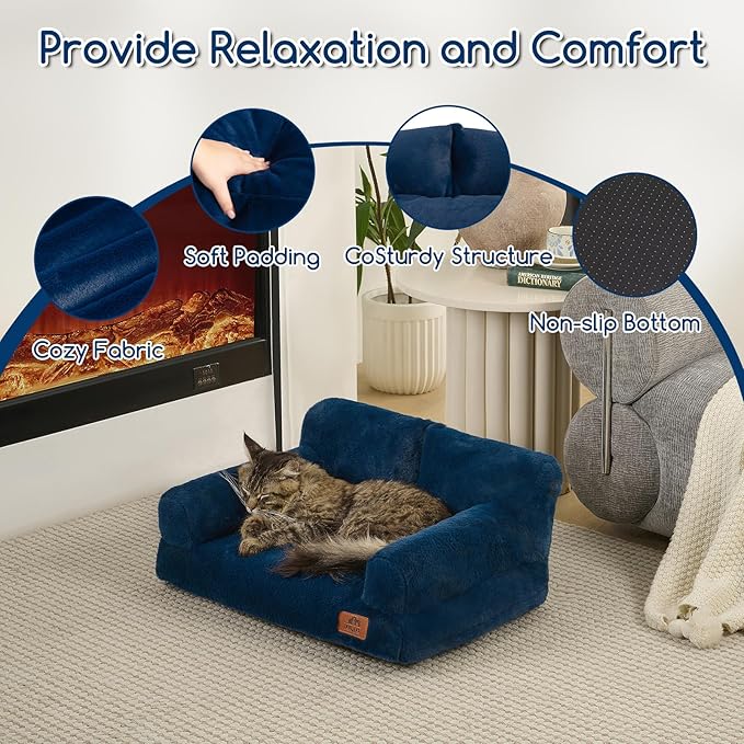 Hollypet Fluffy Dog Cat Bed Pet Couch Beds Plush Soft Warming Washable Puppy Bed for Small Medium Dogs and Large Cats, Cobalt Blue, 24" L x 18" W x 10" Th