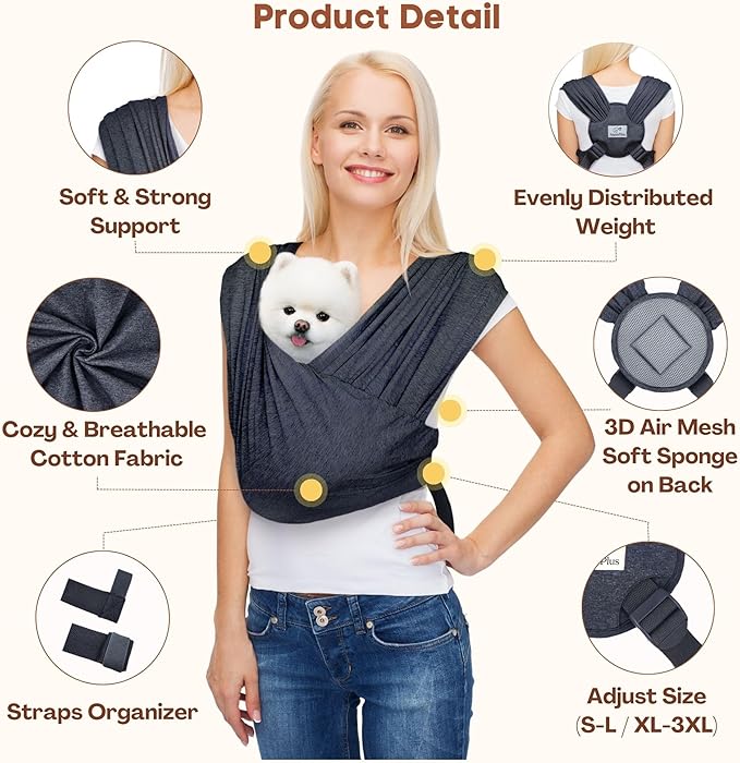 AnccoPlus Dog Carrier for Small Dogs, Front Facing Dog Carrier Sling, Hands Free Cat Sling, Size Adjustable, Reducing Back Pain, Soft Cotton, Premium Dog Sling Carrier (Regular, Charcoal Black)