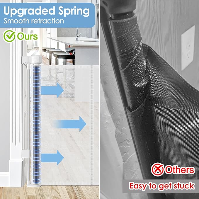 Reinforced 120 Inch Extra Wide Retractable Baby Gates with Reinforced Rods, Retractable Dog Gate Prevent Bottom Crawling Through, Mesh Pet Gate for Large Openings, White